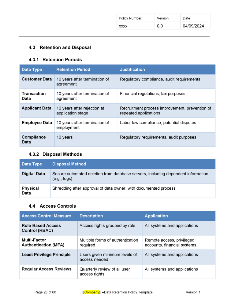Data Retention Policy Template - Banking and Fintech Policies Templates