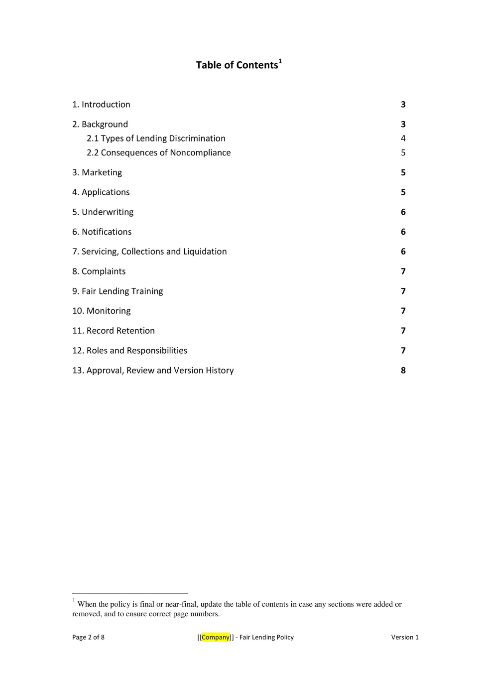 Fair Lending Policy Template - Banking And Fintech Policies Templates