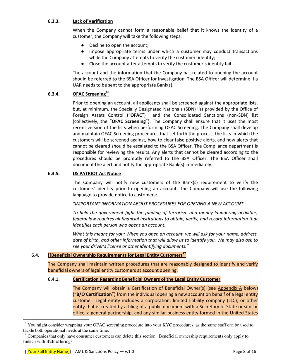 Anti-Money Laundering & Sanctions Policy Template - Banking and Fintech ...