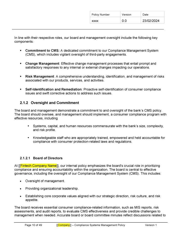 Compliance Management Policy Template - Banking and Fintech Policies ...