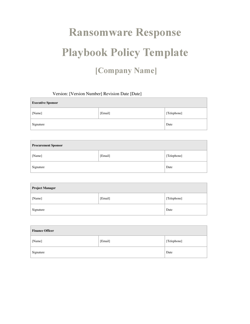 Ransomware Response Playbook Policy Template Banking and Fintech