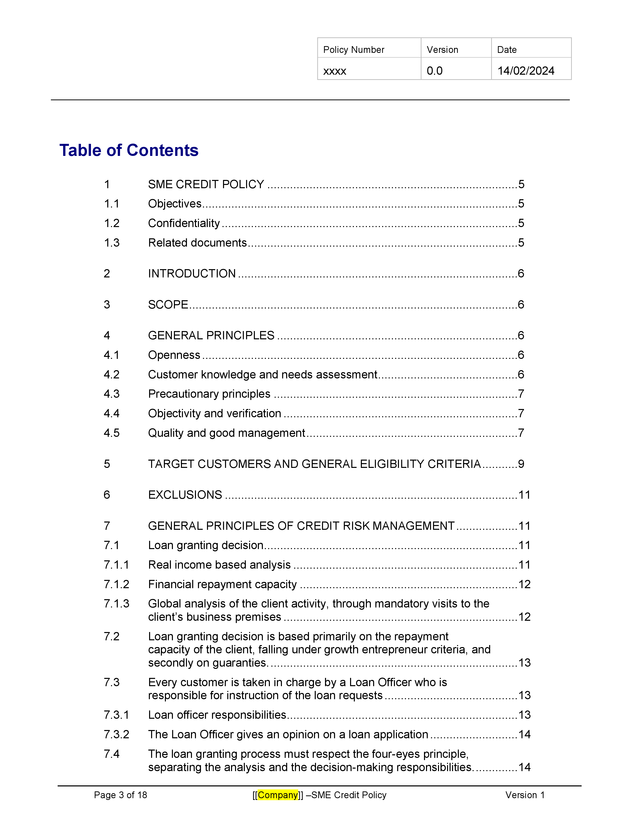 SME Credit Policy Template - Banking and Fintech Policies Templates