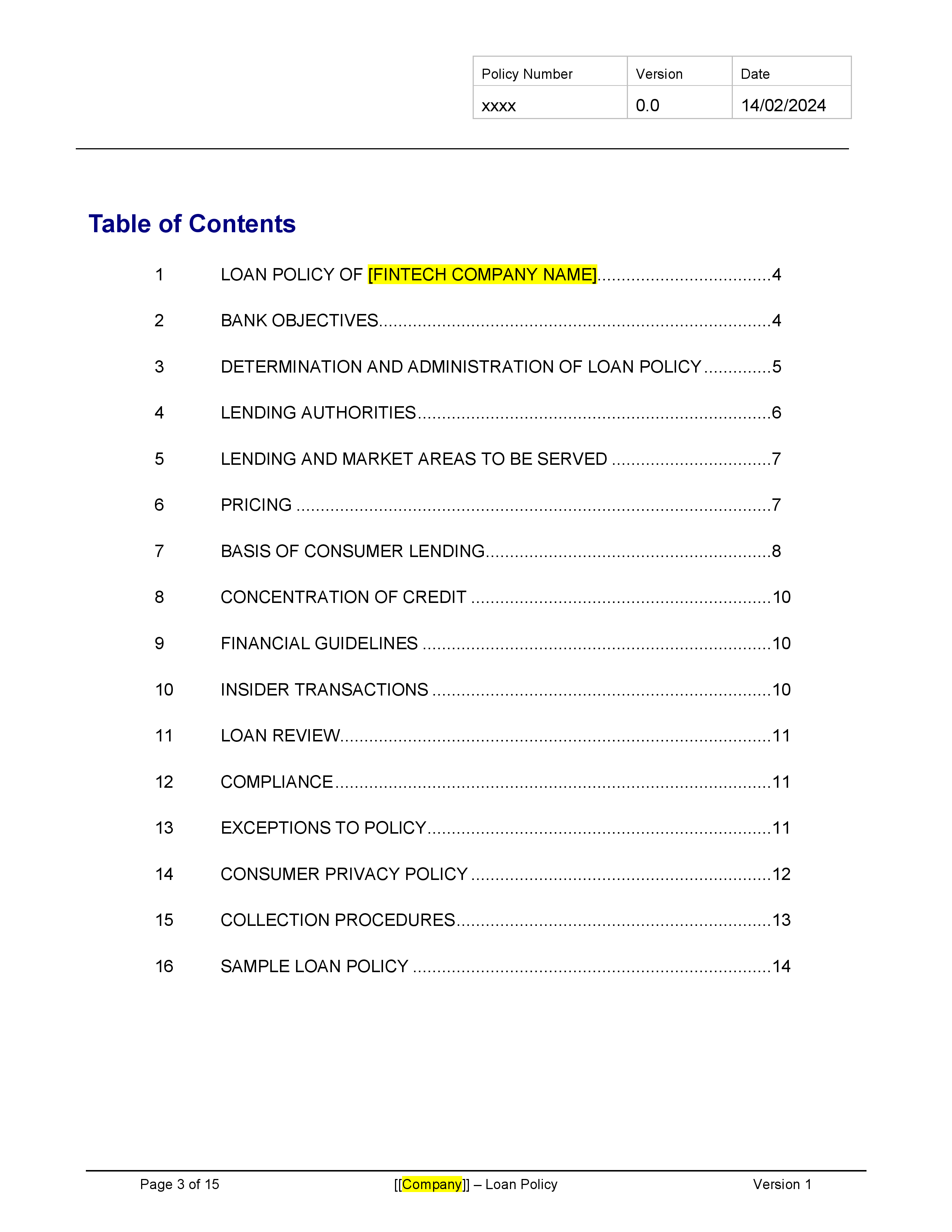 Sample Short Consumer Loan Policy Template - Banking and Fintech ...