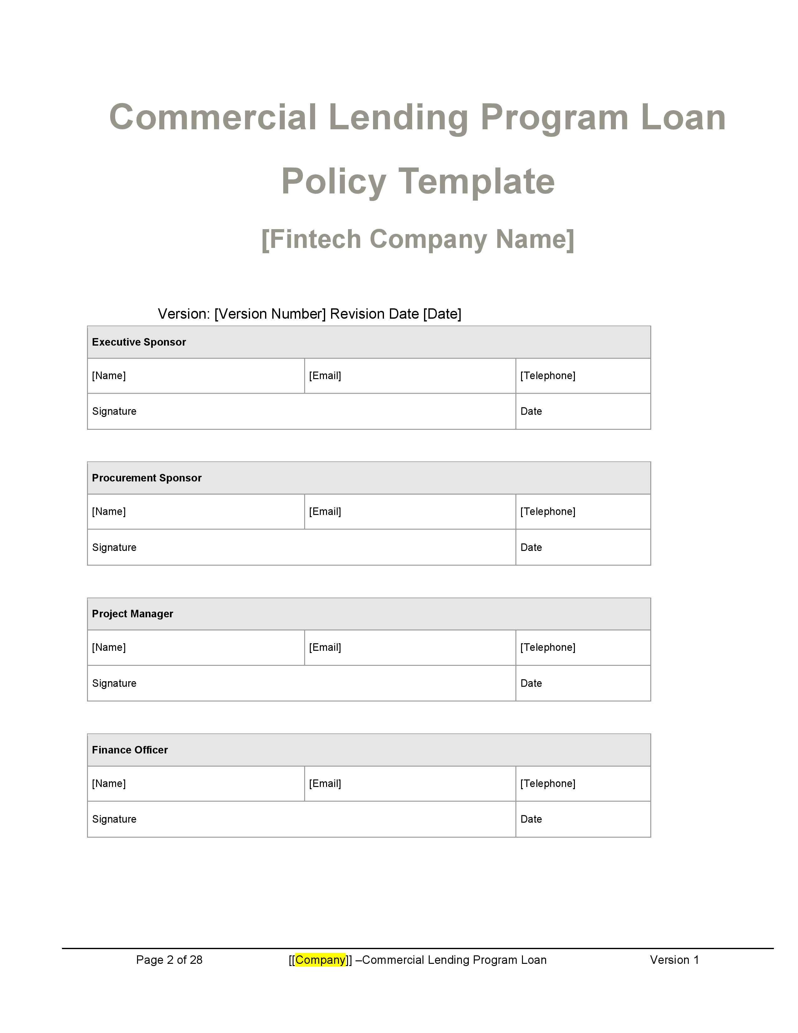 Commercial Lending Program Loan Policy Template - Banking and Fintech ...