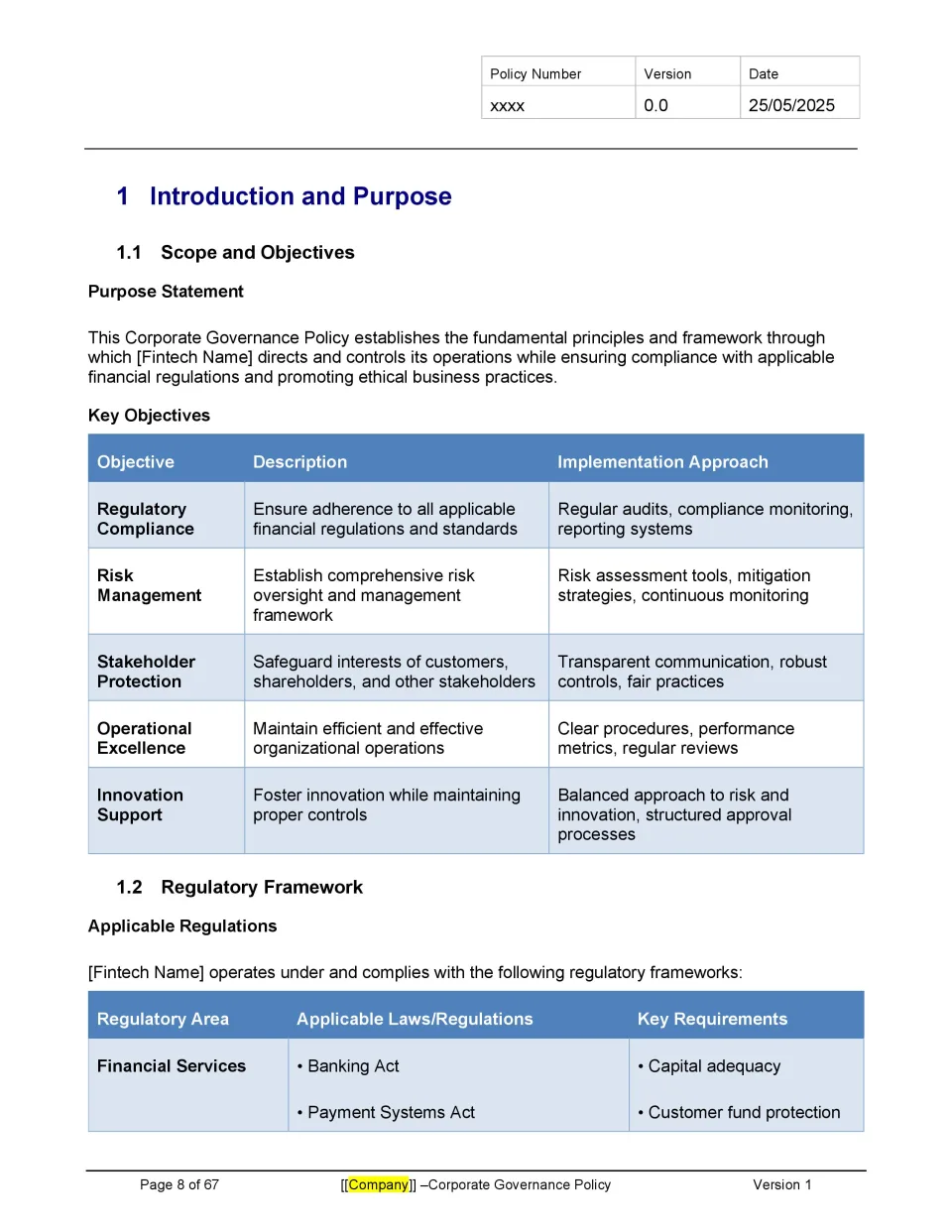 Fintech Corporate Governance Policy Template - Banking and Fintech ...