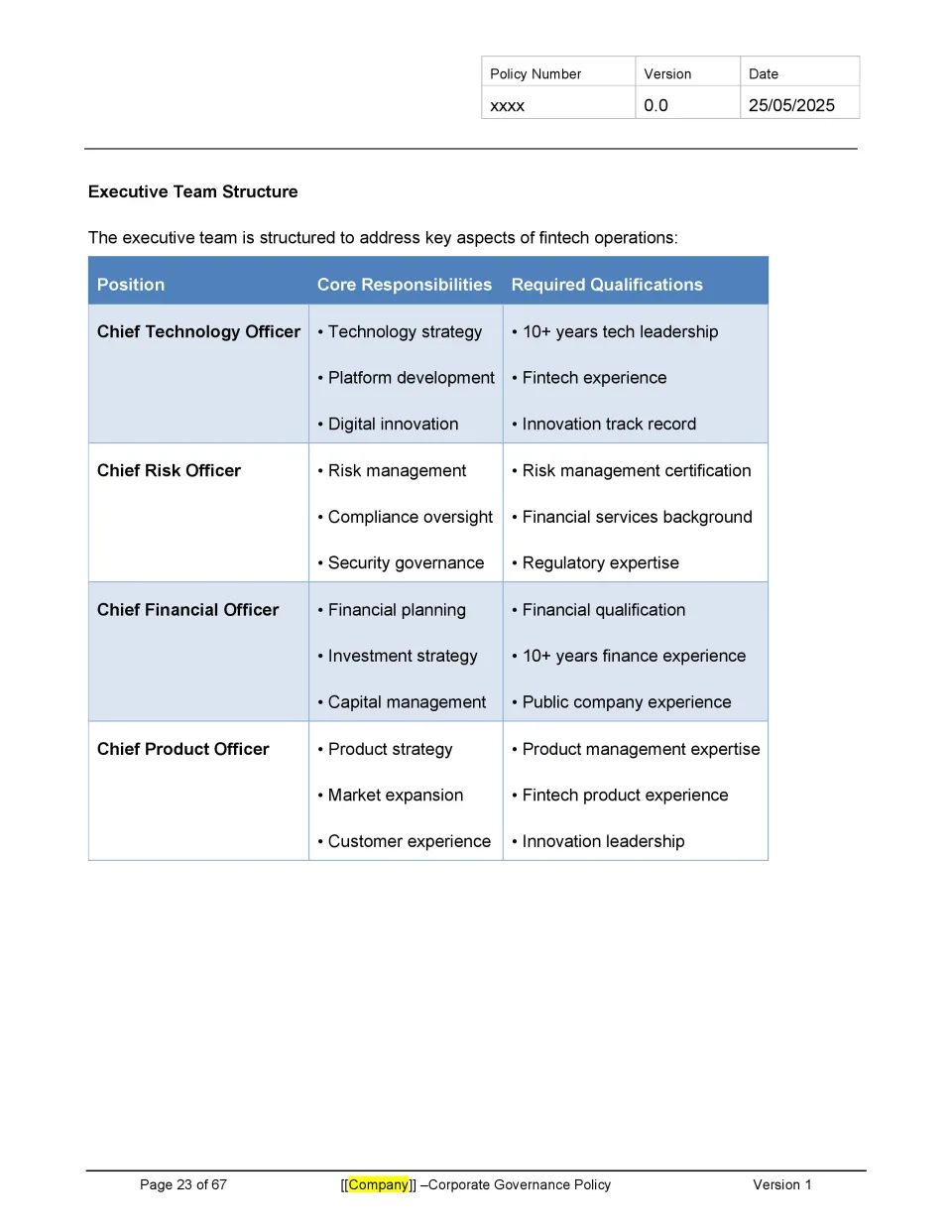 Fintech Corporate Governance Policy Template - Banking and Fintech ...