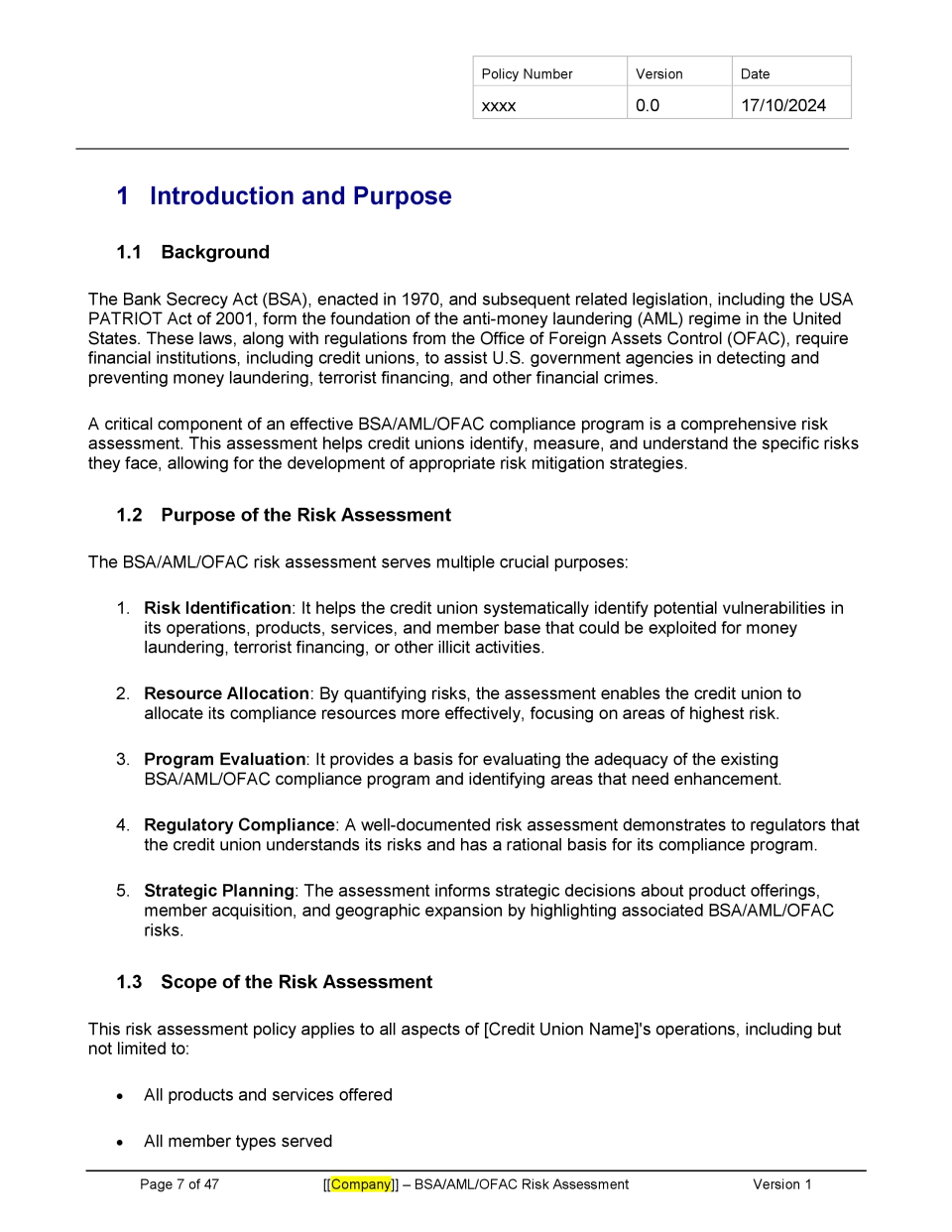 BSA Risk Assessment - Banking and Fintech Policies Templates