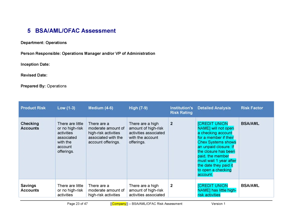 BSA Risk Assessment - Banking and Fintech Policies Templates