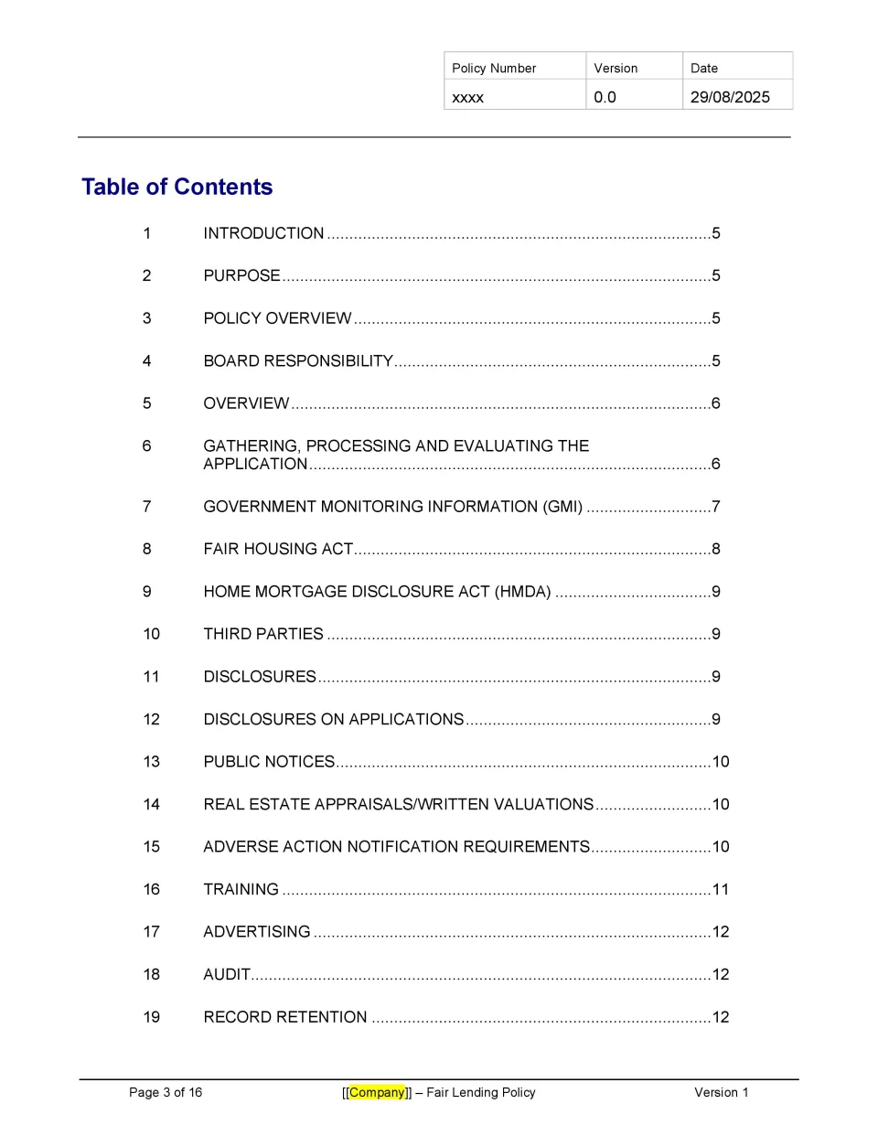 Fair Lending Policy Template - Banking and Fintech Policies Templates