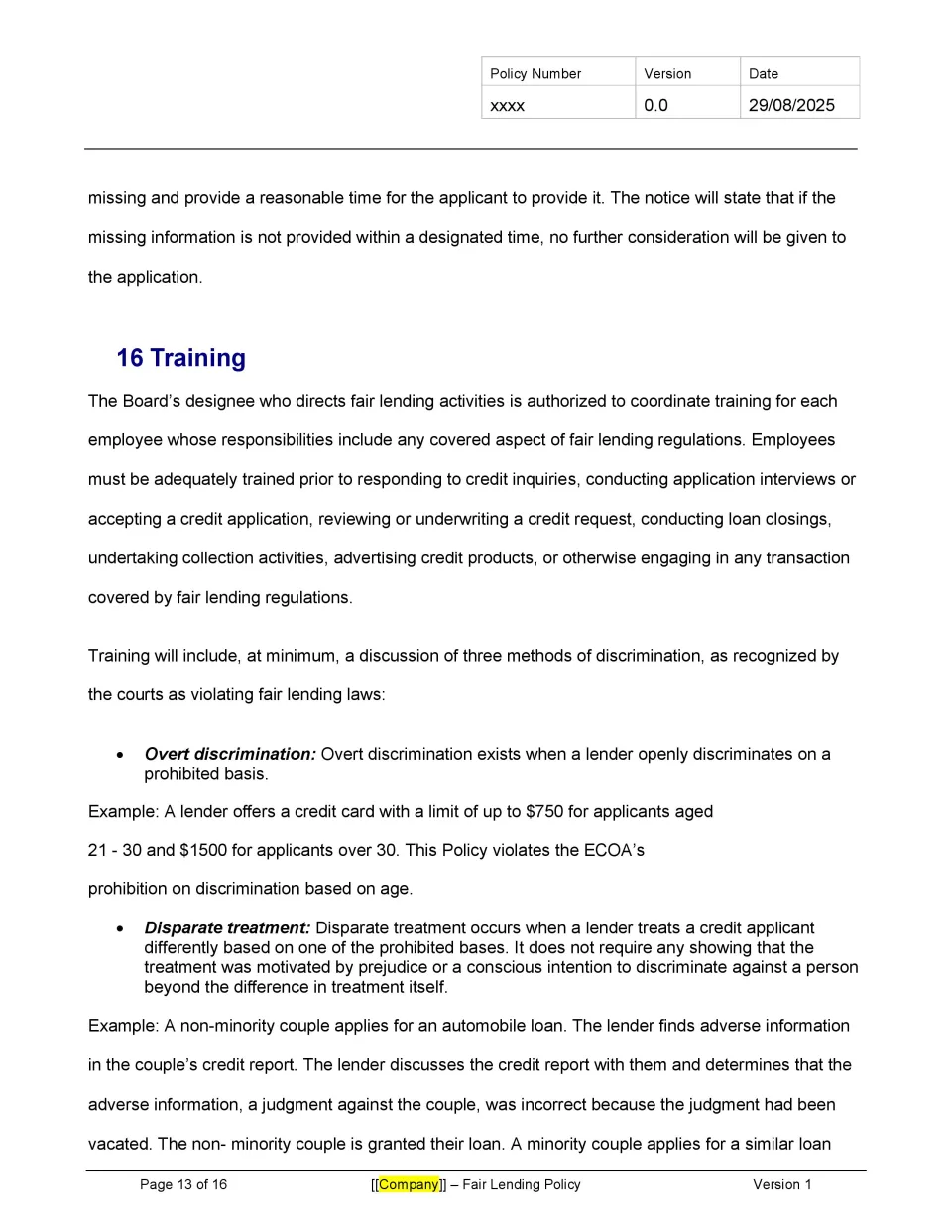 Fair Lending Policy Template - Banking and Fintech Policies Templates