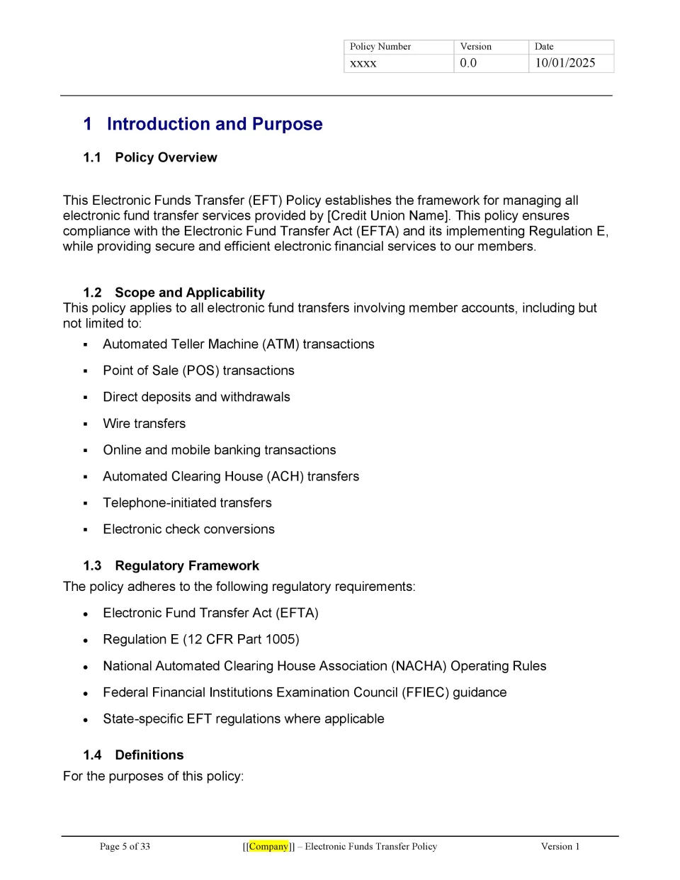 Electronic Funds Transfer Policy Template - Banking and Fintech ...