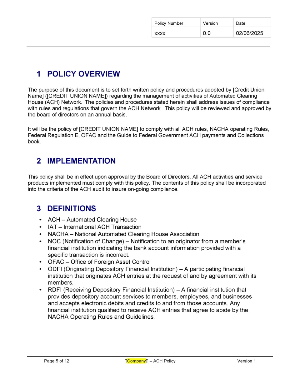 ACH Policy Template - Banking and Fintech Policies Templates